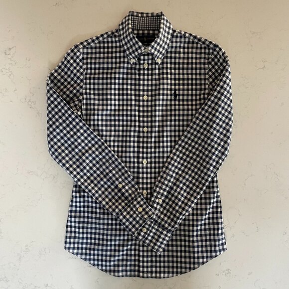 Ralph Lauren Blue Label Slim Fit LS Button Down Cotton Check Shirt Navy Wht Sz 2 - Picture 1 of 14